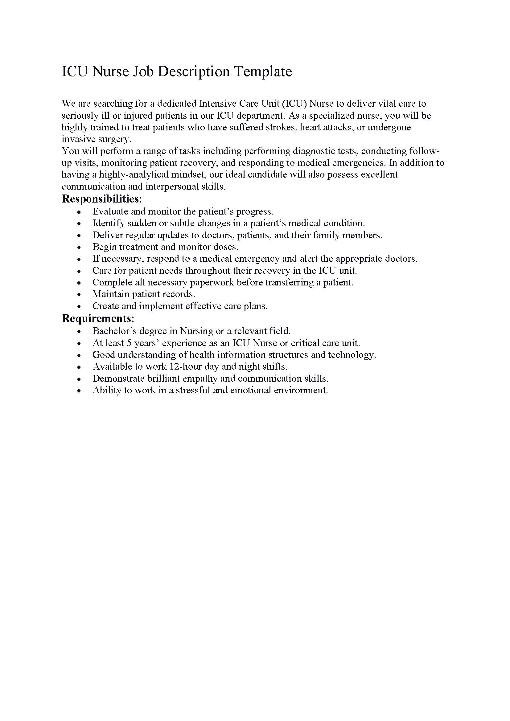 ICU Nurse Job Description Template